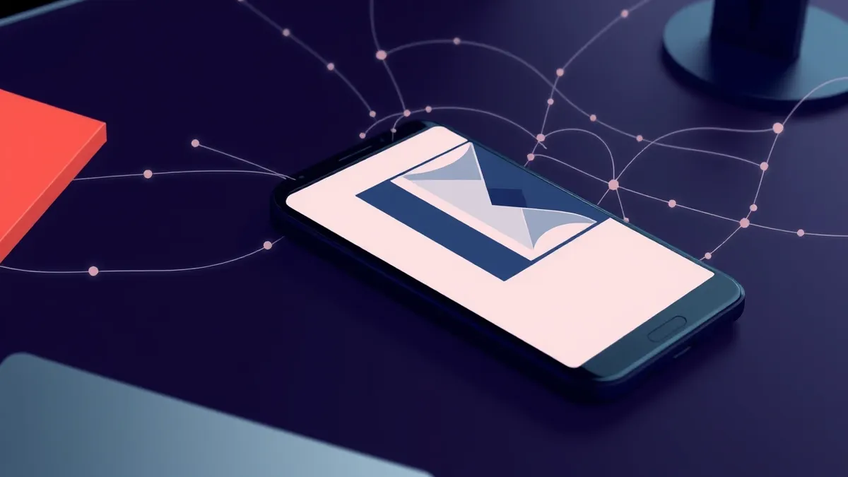Illustration: A sleek smartphone rests on a dark wooden desk, its screen displaying a blank email interface with an open message containing abstract geometric shapes.