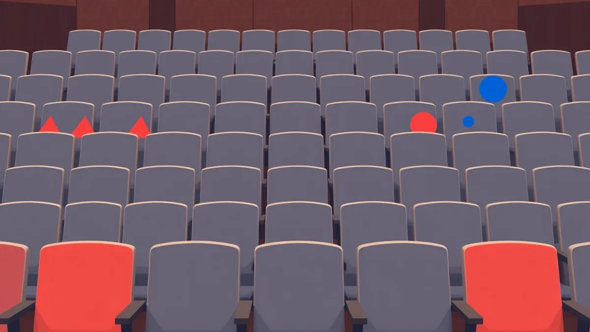 Illustration: A row of identical grey chairs sits in a large parliamentary chamber, each marked with a simple colored geometric shape on the backrest.