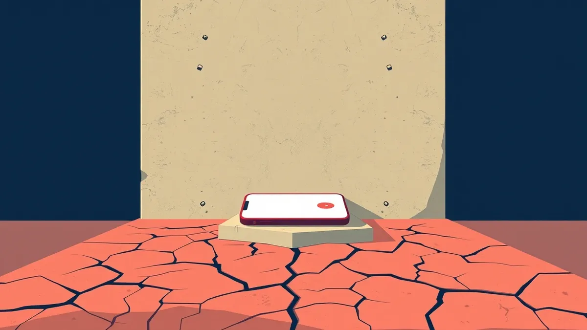 Illustration: A massive concrete wall looms over a single smartphone resting on a dusty table.
