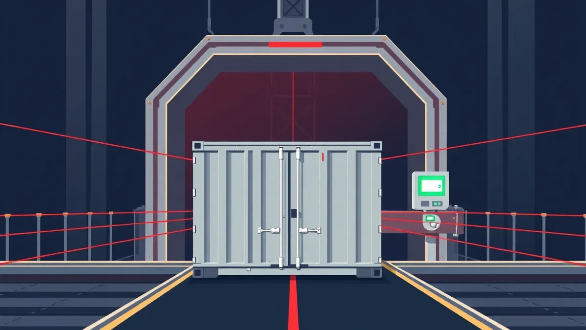Illustration: A metallic shipping container sits on a conveyor belt, moving toward a large industrial scanner arch.