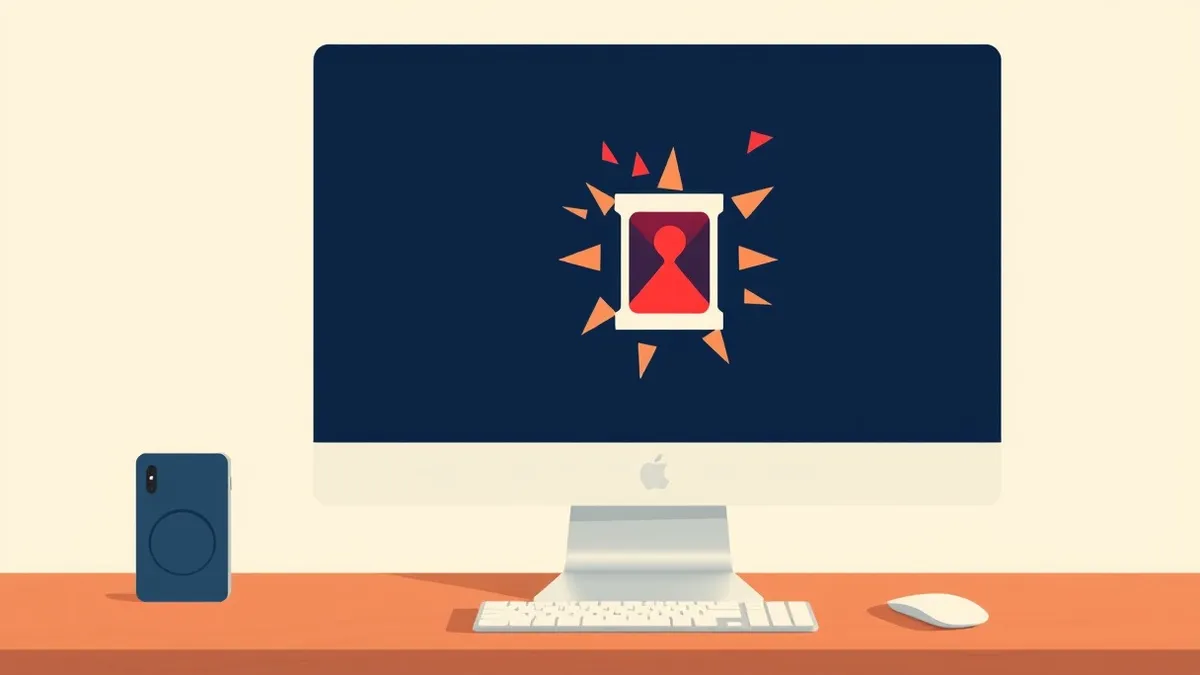 Illustration: A white computer monitor sits on a wooden desk, its screen displaying a single, glowing red hourglass icon that appears to be cracking open.