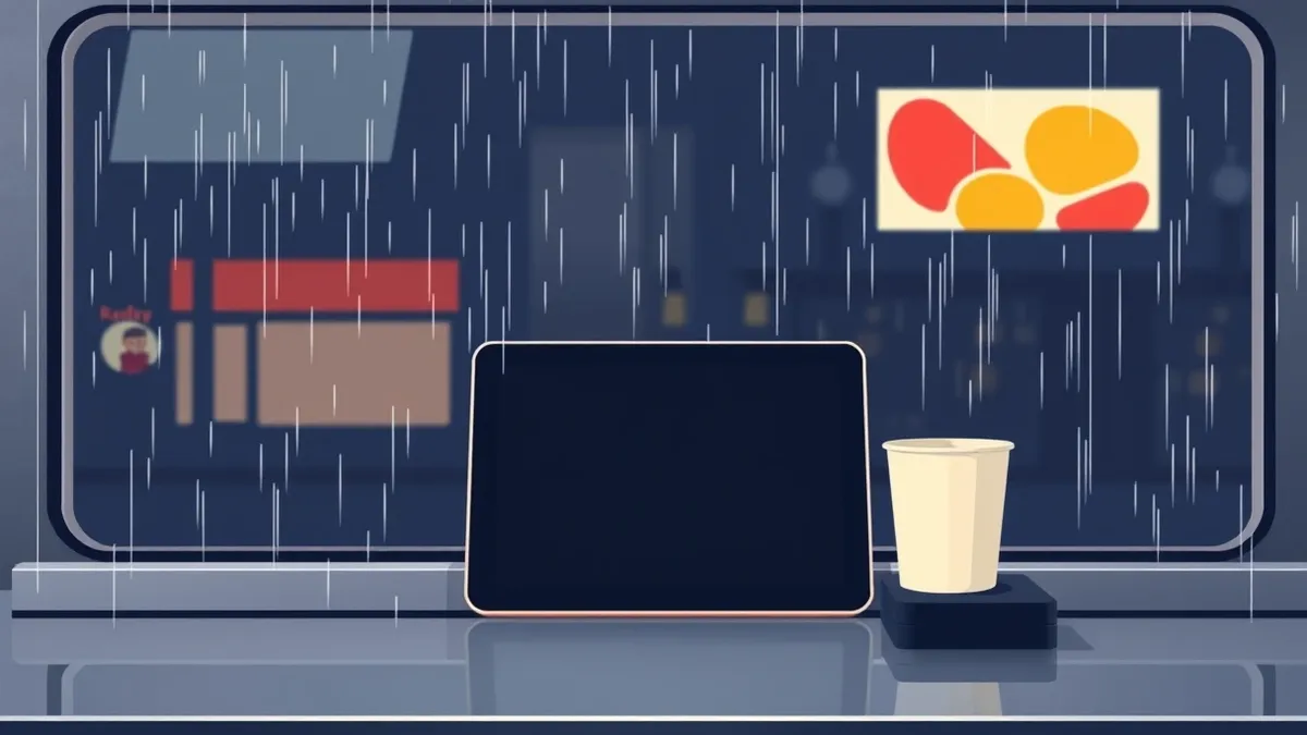 Illustration: A fast-food drive-thru window sits empty in the rain.