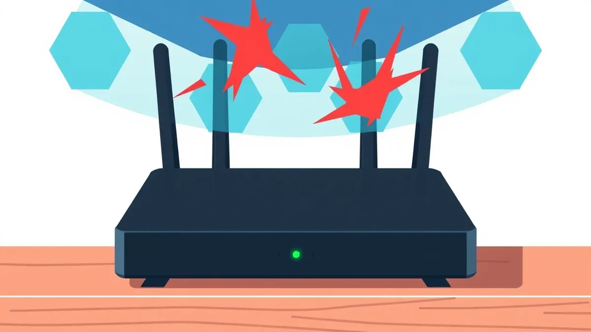 Illustration: A sleek black router sits on a wooden desk, its single green status light glowing softly.