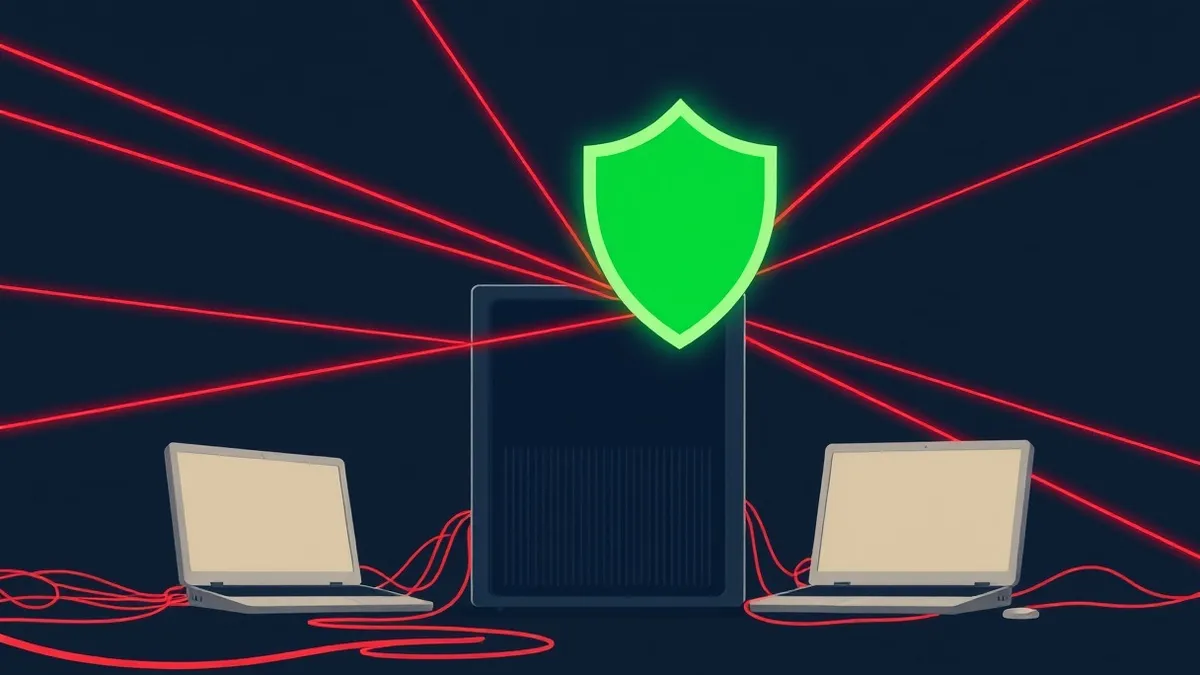 Illustration: A sleek black server sits in a dark room, its surface reflecting red laser beams that weave through tangled cables.