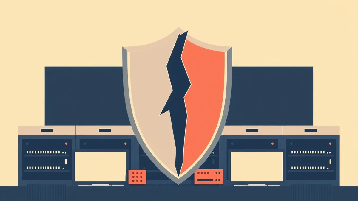 Illustration: A sleek metallic shield rests on a server cluster, but a large jagged crack splits its center.