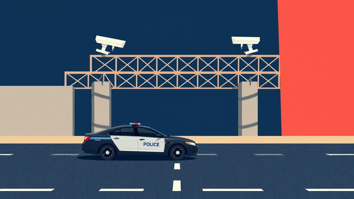 Illustration: A black police cruiser idles near a highway underpass where a metal gantry holds two camera arrays.