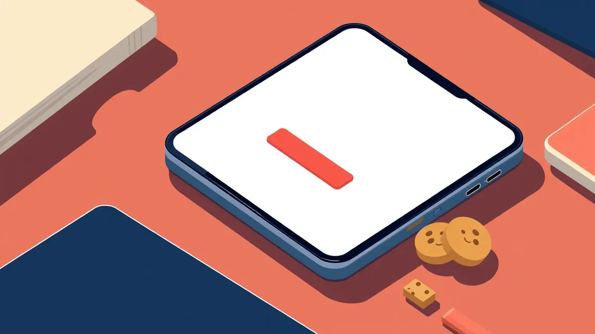 Illustration: A sleek smartphone rests on a wooden desk, its screen displaying a blank white login page with a single prominent button.