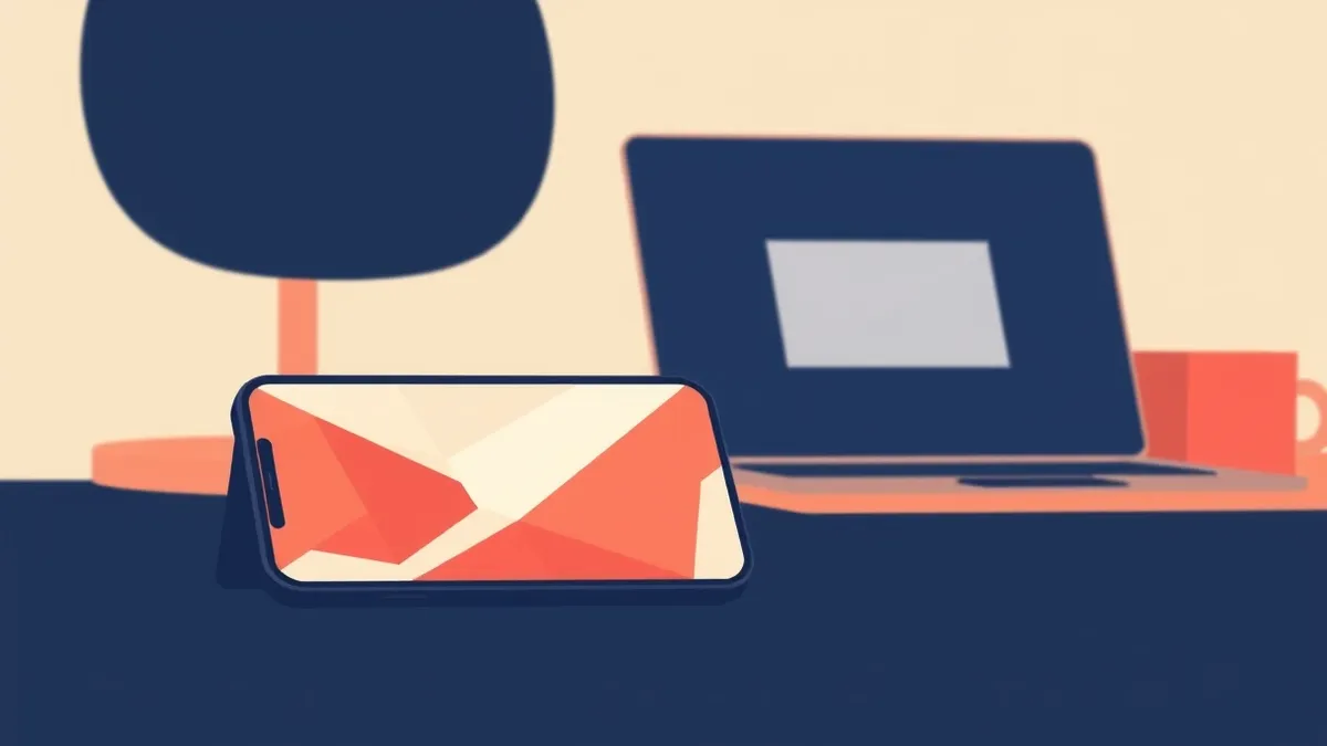 Illustration: A smartphone rests on a desk, its screen displaying abstract geometric shapes that flow seamlessly into a nearby laptop.