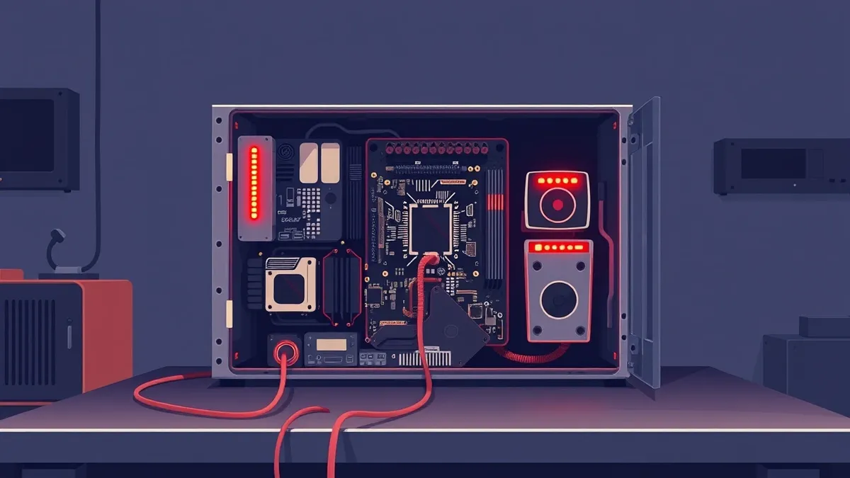 Illustration: A server chassis lies open on a metal workbench, revealing a dense cluster of circuit boards and cooling fans.