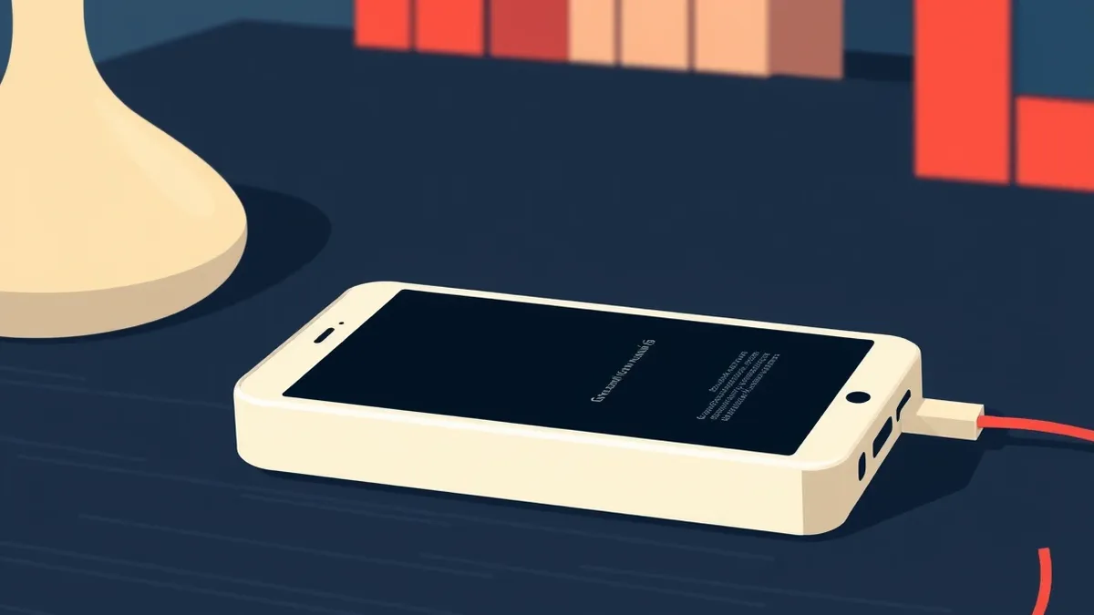 Illustration: A pristine white smartphone rests on a dark wooden desk in a quiet Serbian study, its screen dark and reflective.
