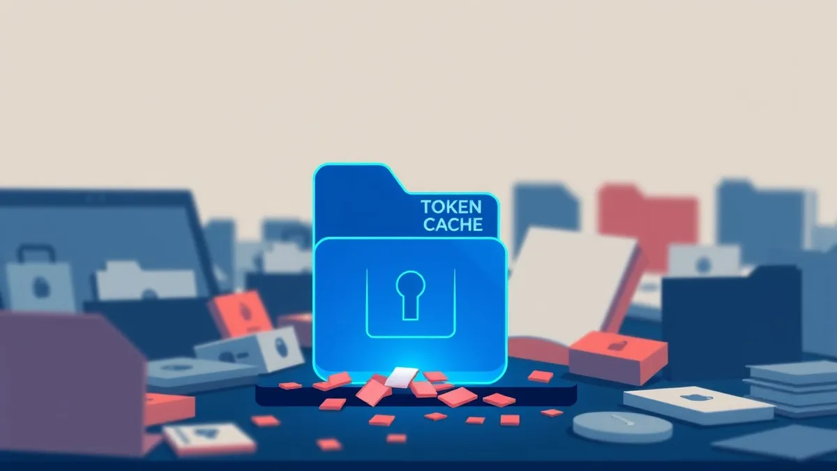 Illustration: A glowing blue token cache file sits exposed on a cluttered digital desktop, its protective outer shell cracked open to reveal glowing authentication data spilling ou