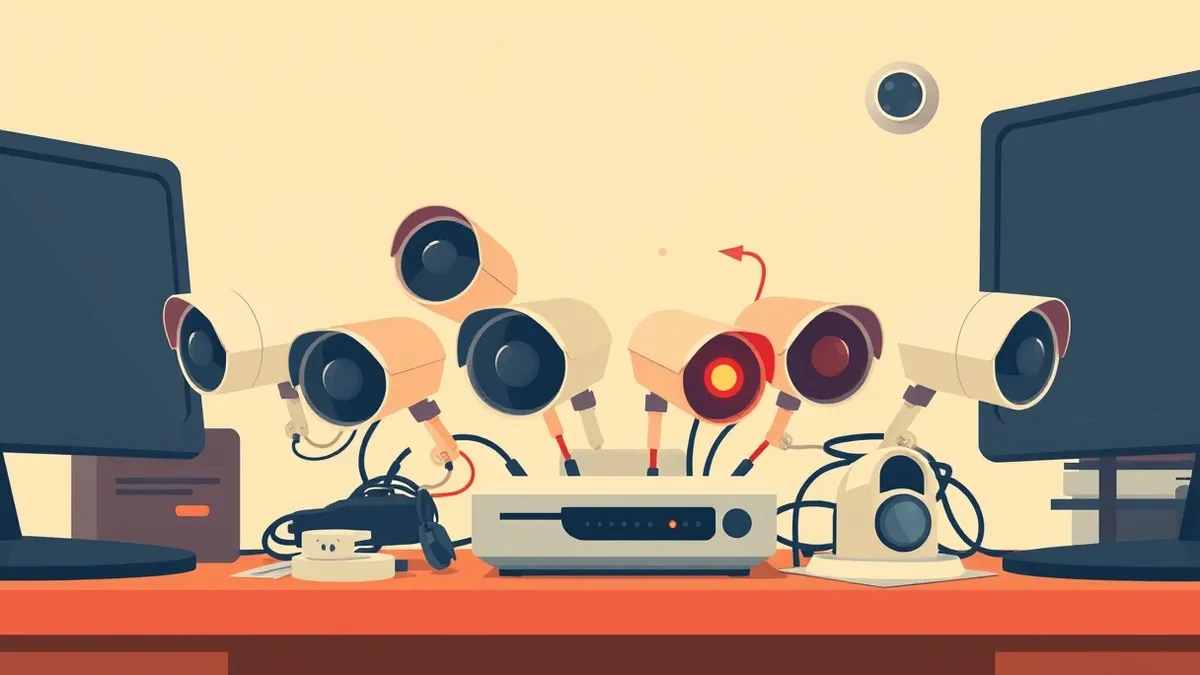 Illustration: A cluster of generic security cameras and environmental sensors sits on a cluttered office desk.