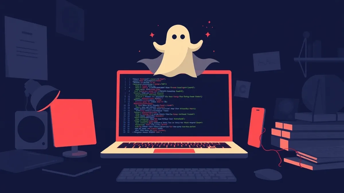 Illustration: A dark, cluttered desktop workspace features a single, open laptop displaying lines of code with highlighted sections.