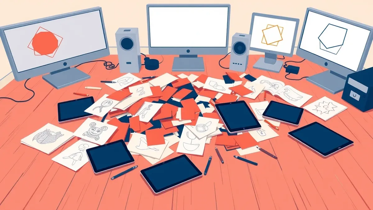 Illustration: A scattered pile of colorful character sketches and digital drawing tablets lies on a wooden studio floor.