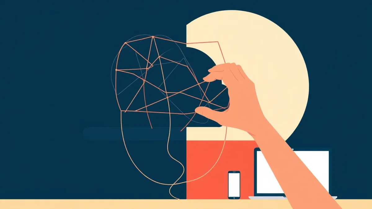 Illustration: A tangled web of loose digital threads hangs loosely from a cloud icon, leaving gaps in a protective shield.