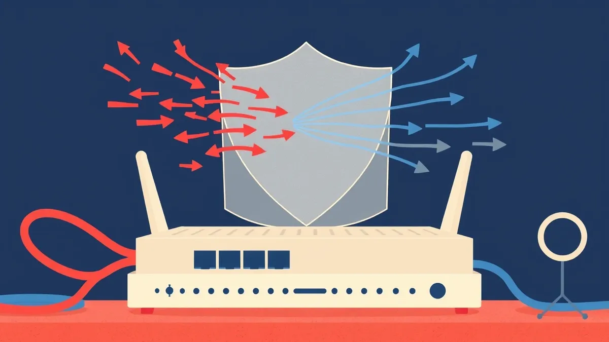 Illustration: A network router sits on a desk with thick cables plugged into its ports.