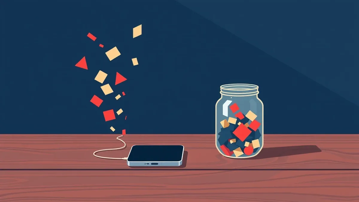 Illustration: A smartphone rests on a wooden table, connected by an invisible wire to a transparent glass jar.