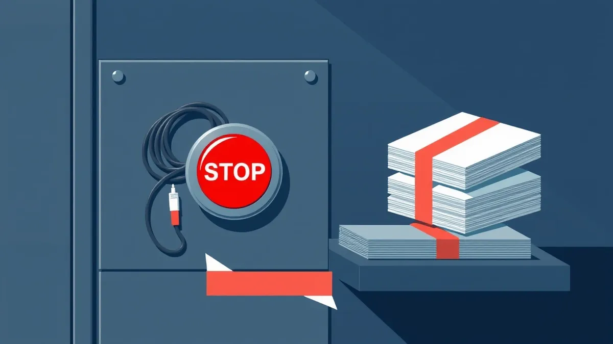 Illustration: A red emergency stop button sits on a grey industrial control panel next to a tangled knot of network cables.