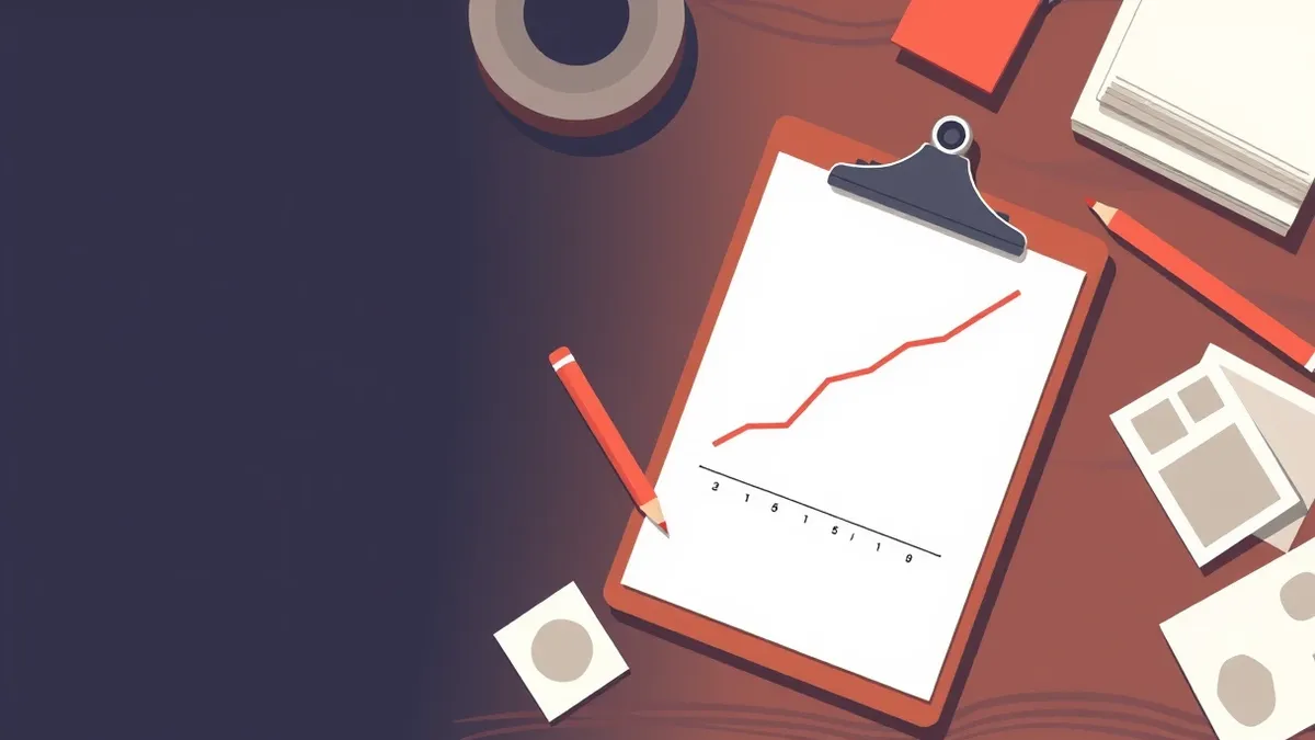 Illustration: A clipboard displaying a blank chart with a single rising line sits on a wooden workbench.
