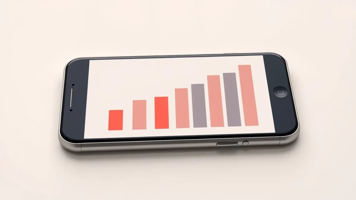 Illustration: A sleek silver smartphone sits on a white table, its screen displaying a blank bar chart.
