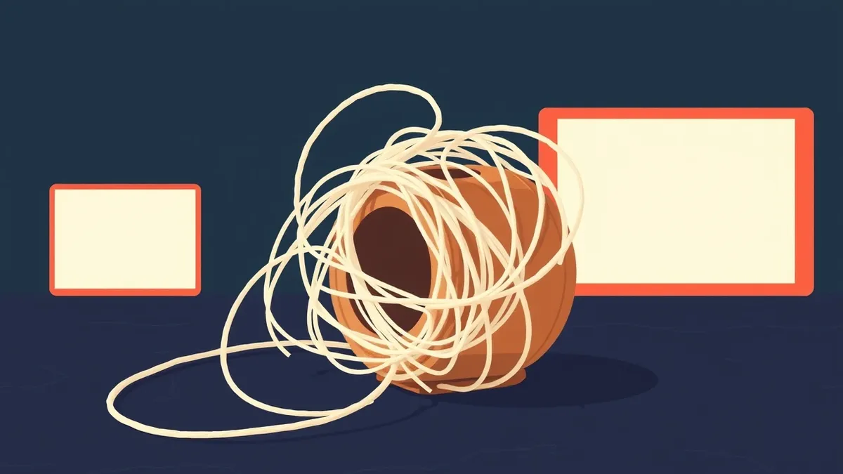 Illustration: A tangled knot of thin white thread wraps tightly around a small wooden spool resting on a dark slate surface.