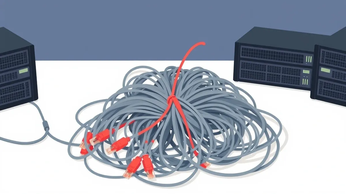 Illustration: A tangled knot of grey ethernet cables sits on a clean white desk, spilling from three identical black server boxes.