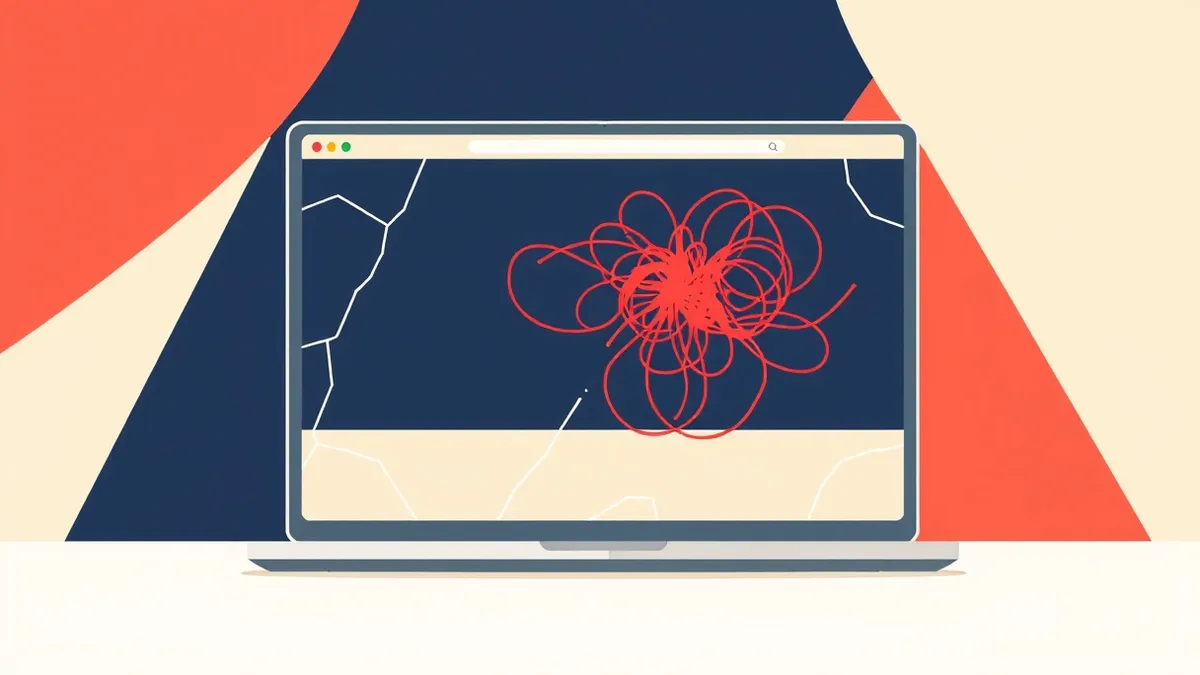 Illustration: A cracked laptop screen displays a tangled knot of abstract red threads emerging from a blank browser window, symbolizing the chaotic untrusted data injection that by