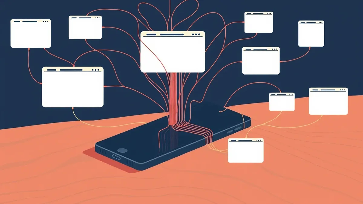 Illustration: A smartphone rests on a wooden table while thin, colorful threads extend from its screen to multiple floating, blank rectangular frames.