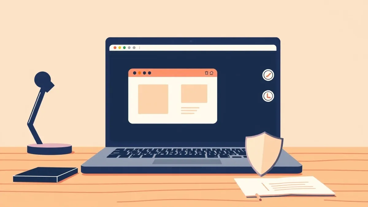 Illustration: A modern laptop sits on a wooden desk with its screen displaying a simplified browser window.