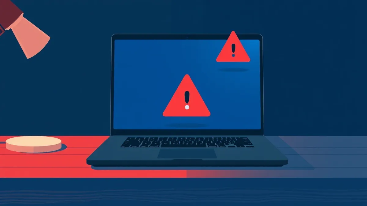 Illustration: A sleek black laptop sits open on a wooden desk, its blank screen reflecting a faint blue glow.