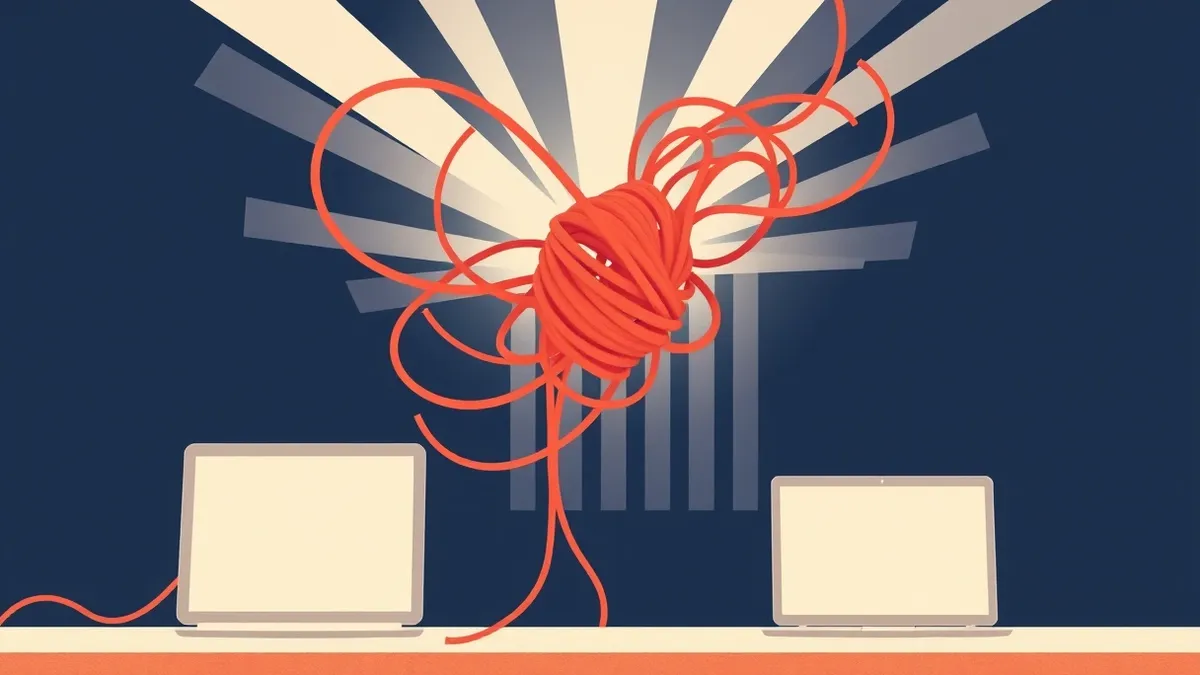 Illustration: A tangled knot of thick orange cables suddenly snaps apart, releasing a burst of white light that straightens the wires into neat, parallel vertical lines.