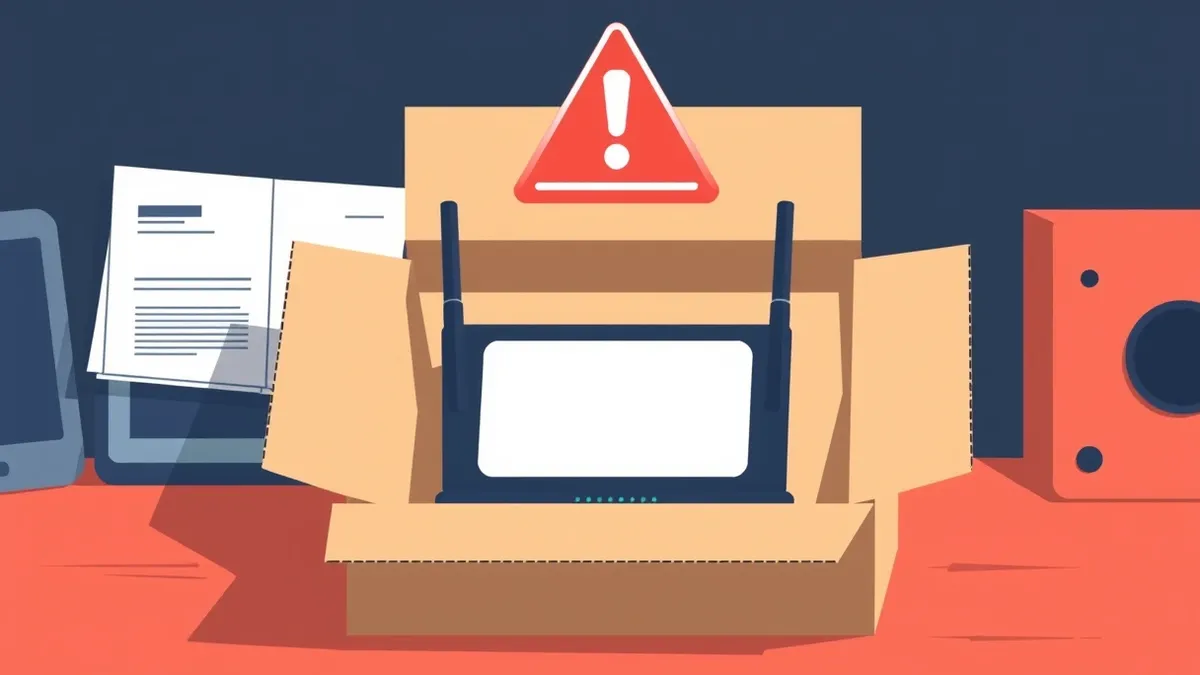 Illustration: An open cardboard box sits on a desk, revealing a router manual with a large, blank white sticker where the default password should be.