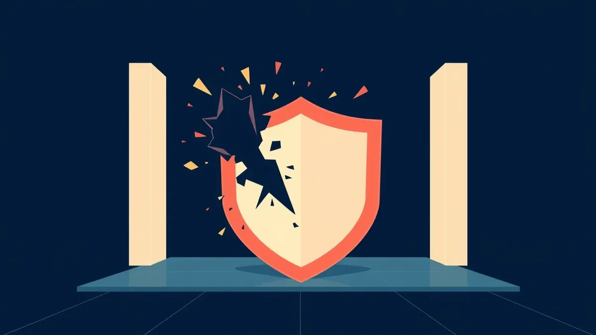 Illustration: A jagged, dark data stream shatters against a transparent, geometric shield at the entrance of a network gateway.