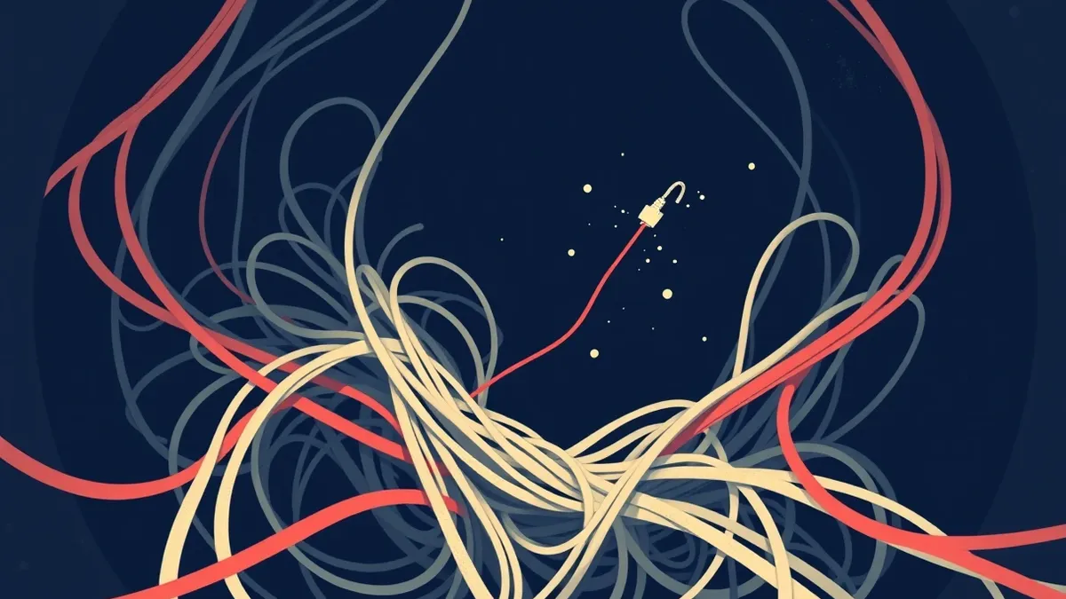 Illustration: A tangled mass of thick fiber optic cables snakes through a dark utility tunnel, with a single red thread pulsing faintly within the bundle.