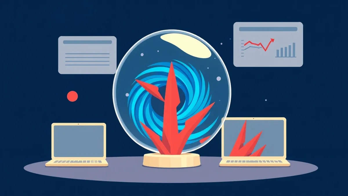 Illustration: A transparent glass shell wraps around a swirling blue software process, intercepting jagged red spikes before they strike.