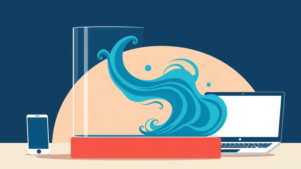 Illustration: A transparent glass tank holds swirling blue mist that mimics the shape of a computer hard drive.