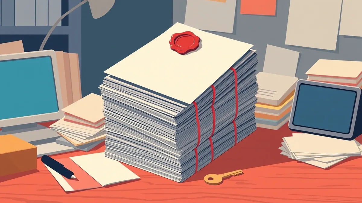 Illustration: A thick stack of blank paper files sits on a cluttered wooden desk, bound together by heavy rubber bands.