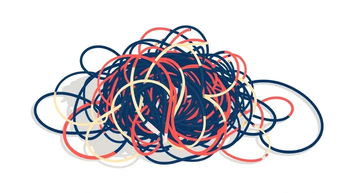 Illustration: A tangled knot of chaotic, multicolored wires rests on a clean white desk surface.