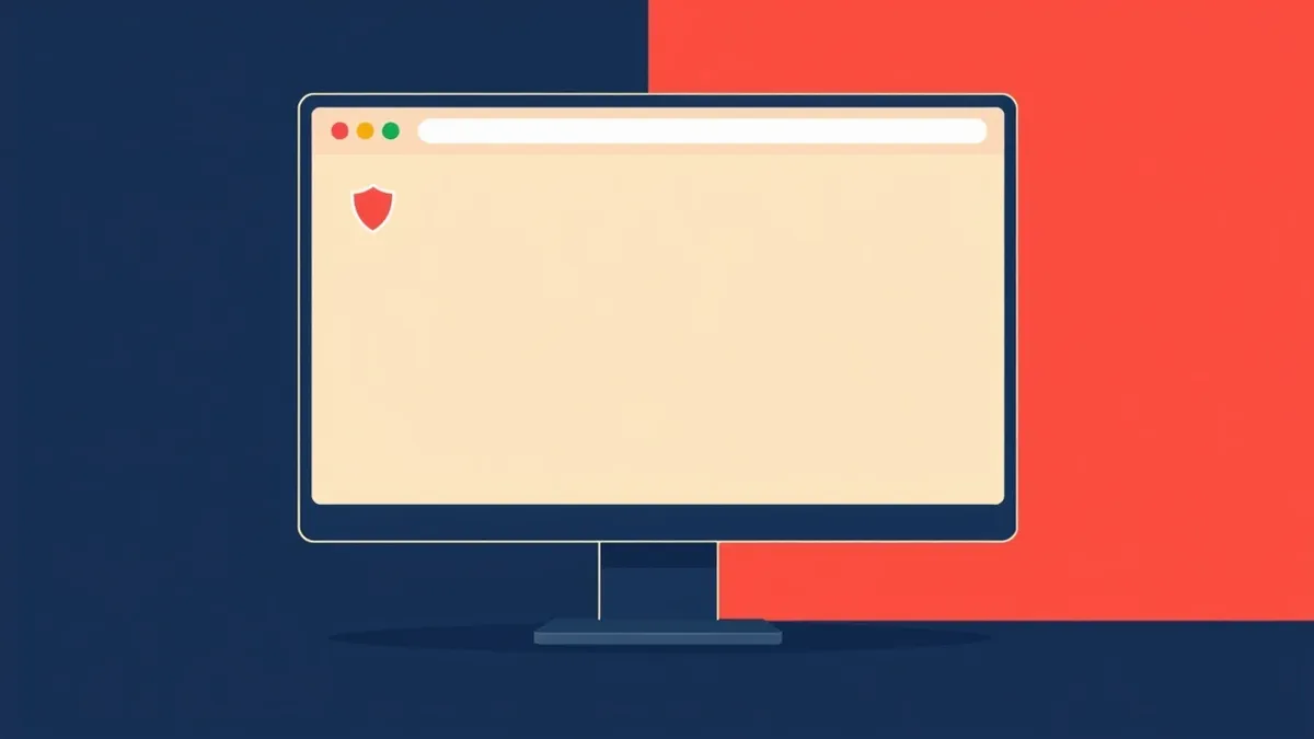 Illustration: A single modern desktop monitor displays a blank web browser window with a simplified address bar and empty content area.