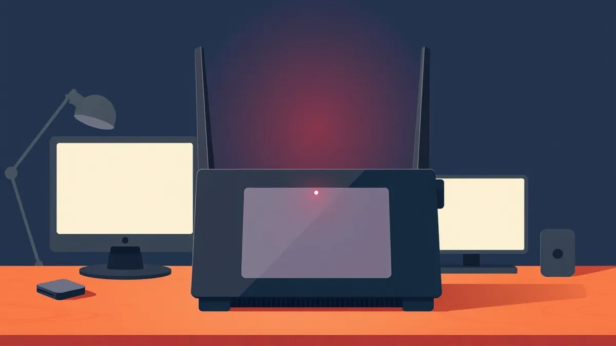 Illustration: A sleek black router sits on a wooden desk, its front panel dominated by a large, blank digital keypad.