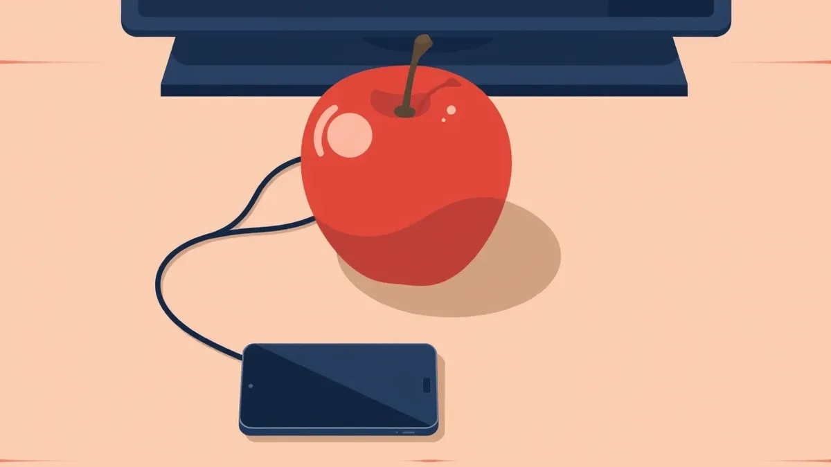 Illustration: A shiny red apple rests on a clean wooden desk next to a blank smartphone.