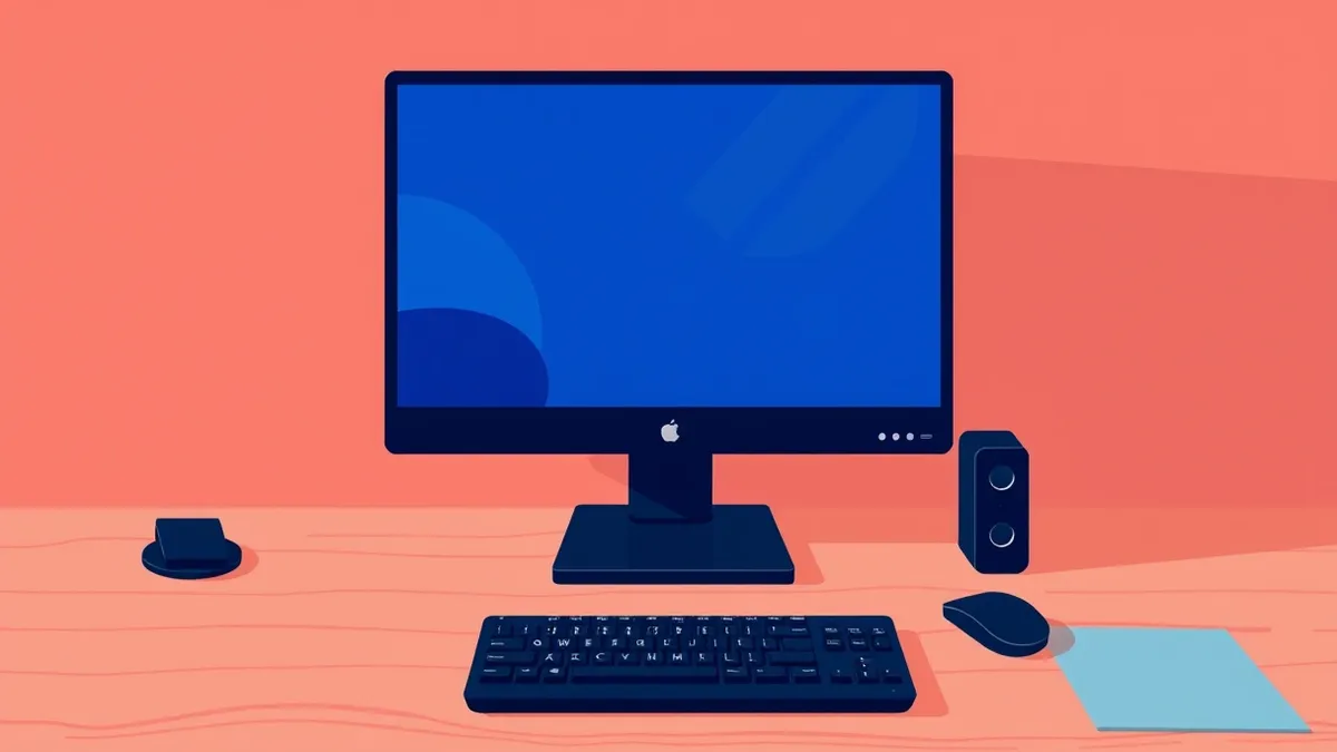 Illustration: A generic desktop computer sits on a wooden desk, its monitor displaying a solid blue abstract pattern that completely obscures the usual interface.