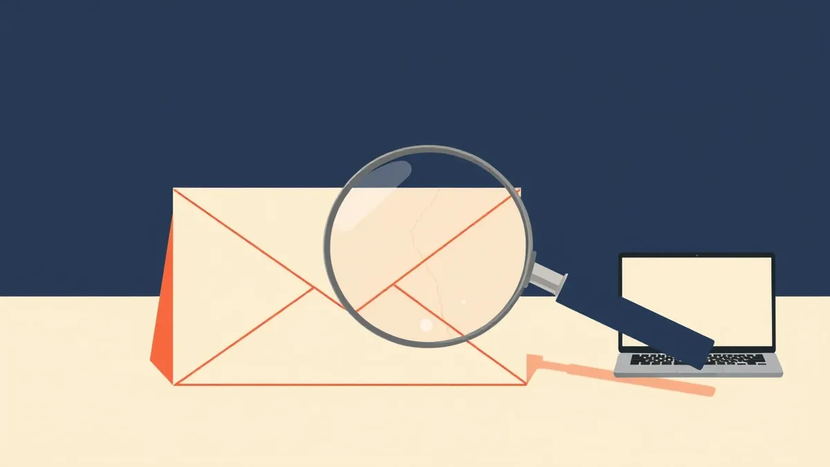 Illustration: A magnifying glass hovers over a blank envelope, revealing faint red cracks beneath the paper.