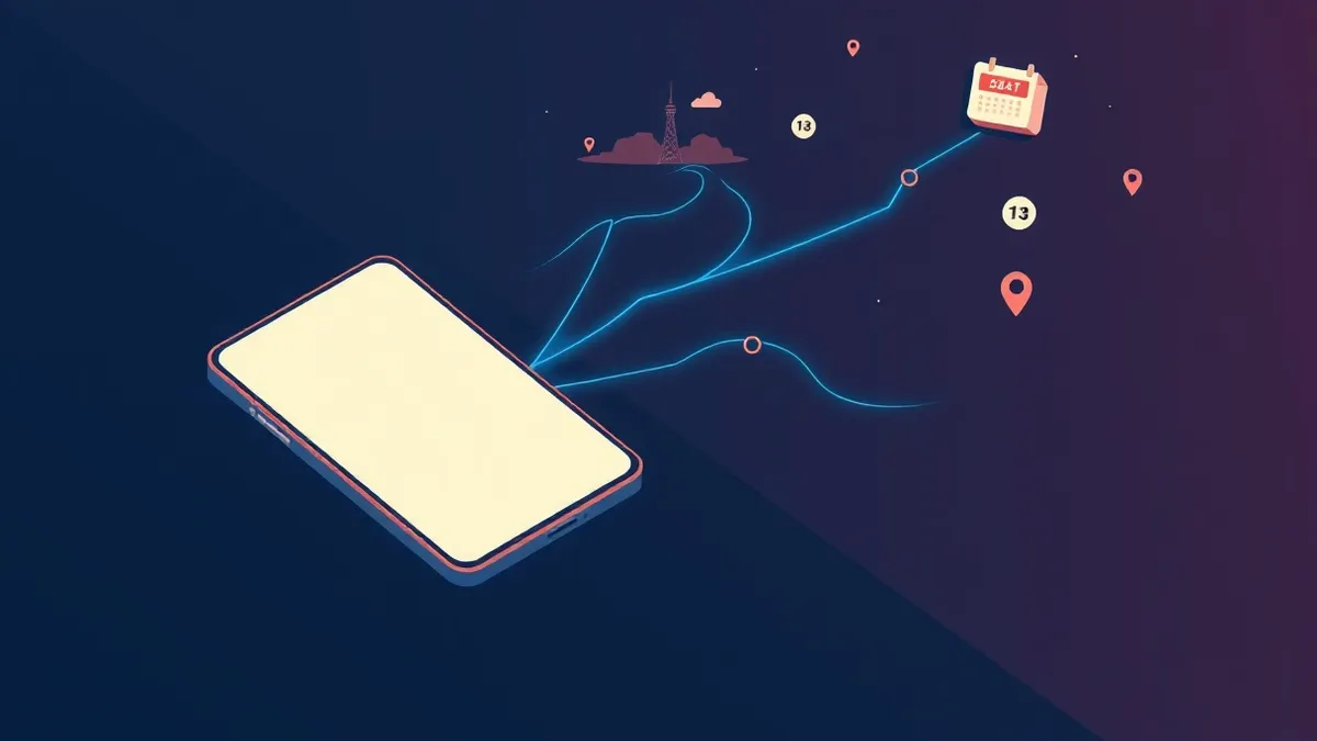 Illustration: A glowing smartphone rests on a dark table, emitting faint blue lines that trace a path to a distant tower and a calendar icon.
