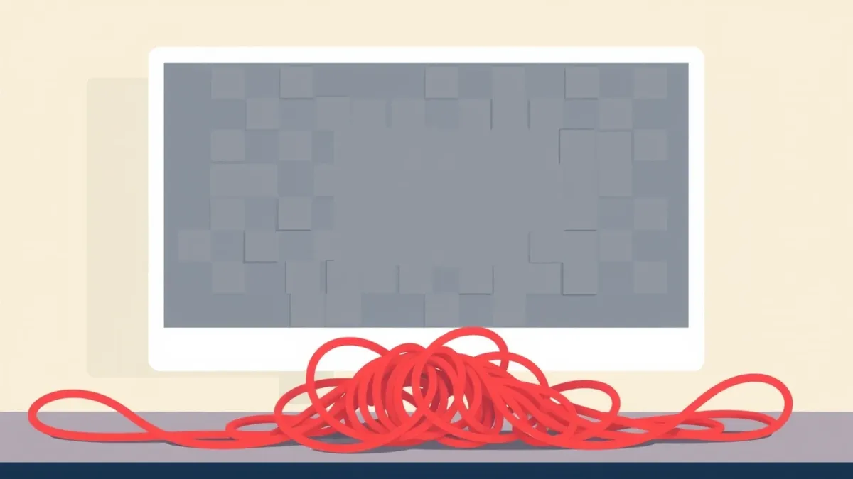 Illustration: A blank white monitor displays a distorted grid of gray rectangular blocks overlapping each other in chaotic patterns.