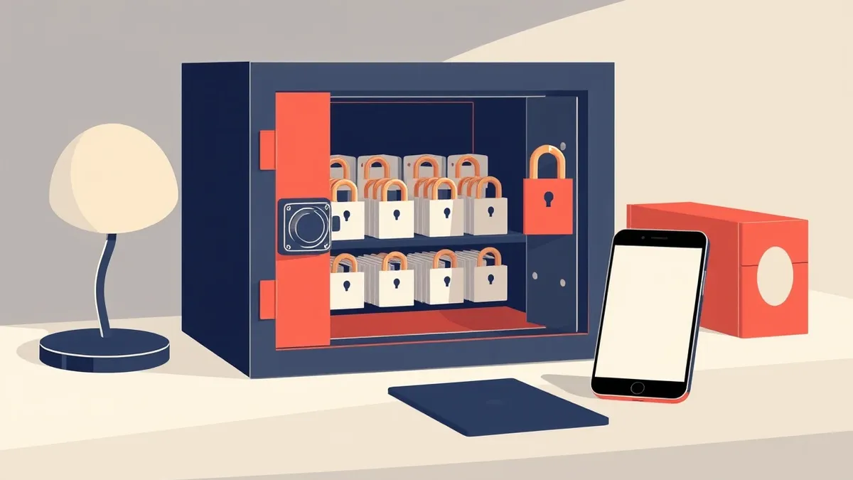 Illustration: A sturdy digital vault sits on a clean desk, its door slightly ajar to reveal rows of blank keycards inside.