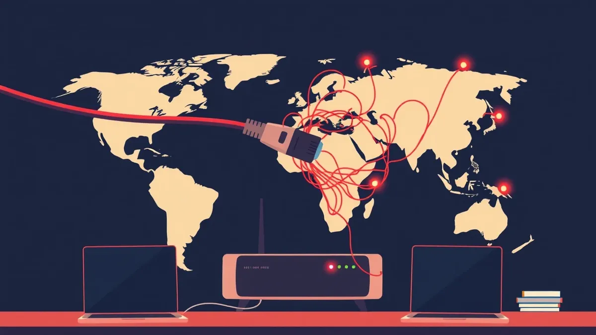 Illustration: A network cable snaps mid-air, severing the connection to a blinking router.
