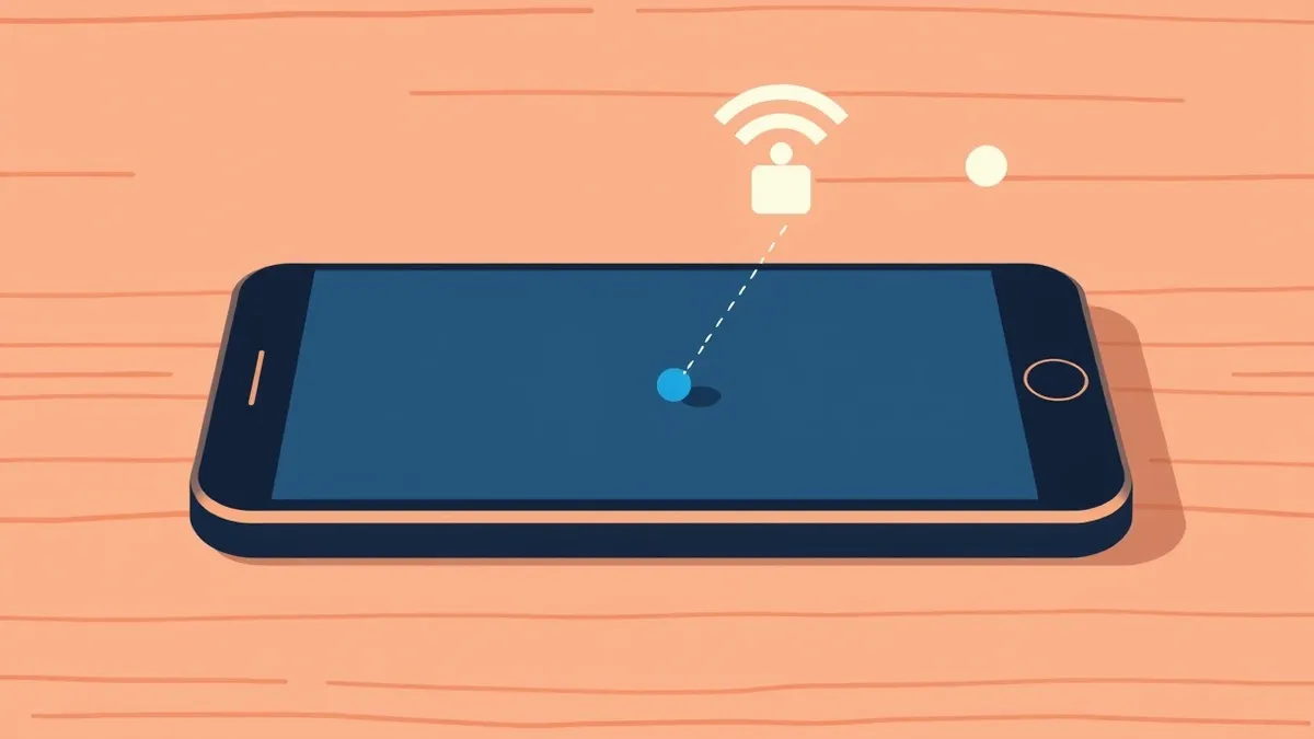 Illustration: A smartphone rests on a wooden table, its screen displaying a blank map interface with a single blue dot.