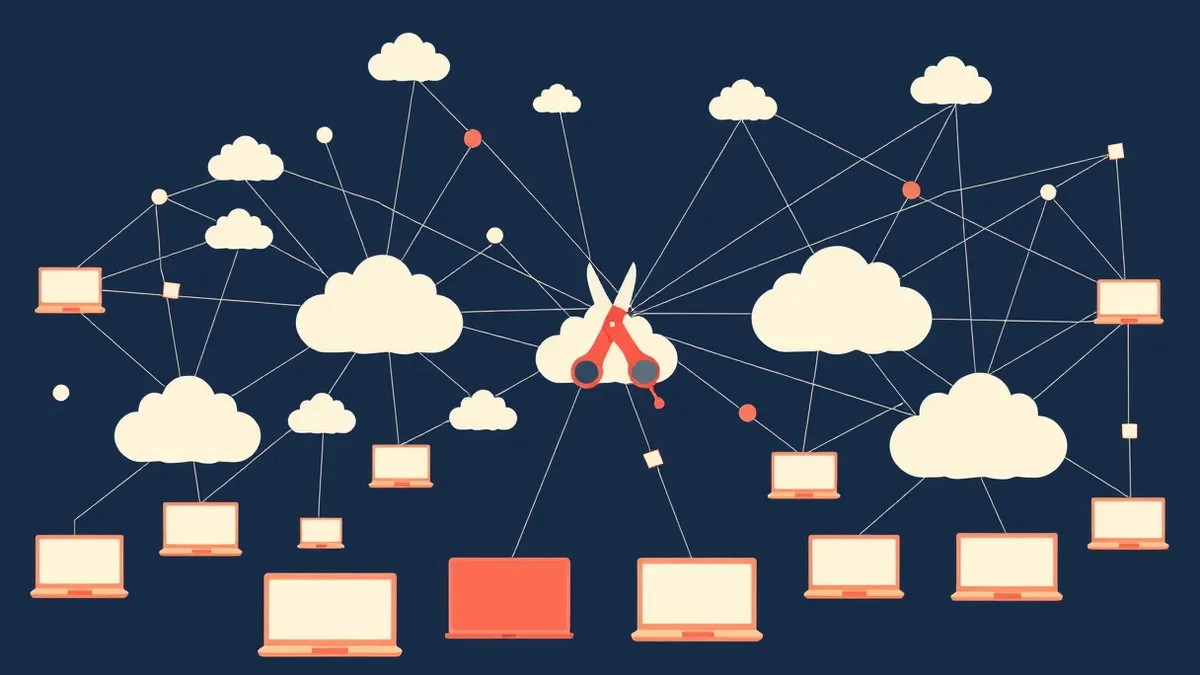 Illustration: A tangled web of thin connecting lines links several floating cloud shapes to multiple generic laptop icons.