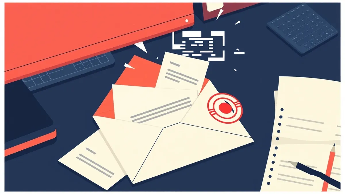 Illustration: A sealed envelope rests on a dark desk, its flap torn open to reveal scattered papers.